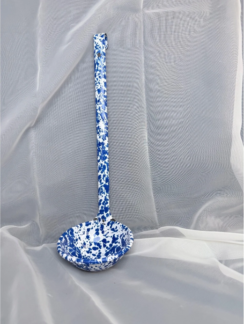 Blue White Splatter Enamelware Ladle Graniteware Farmhouse Kitchen Vintage 10”